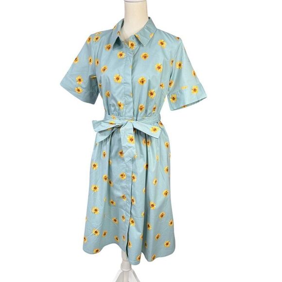 Jason Wu Floral Sunflower Button Front Belted Midi Shirt Dress Sz Medium Petite - Picture 1 of 9